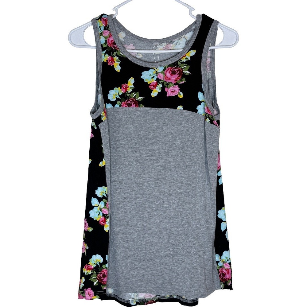 Vintatre Floral Tank Top Womens Size M Gray Black Pink Spandex Blend Sleeveless
